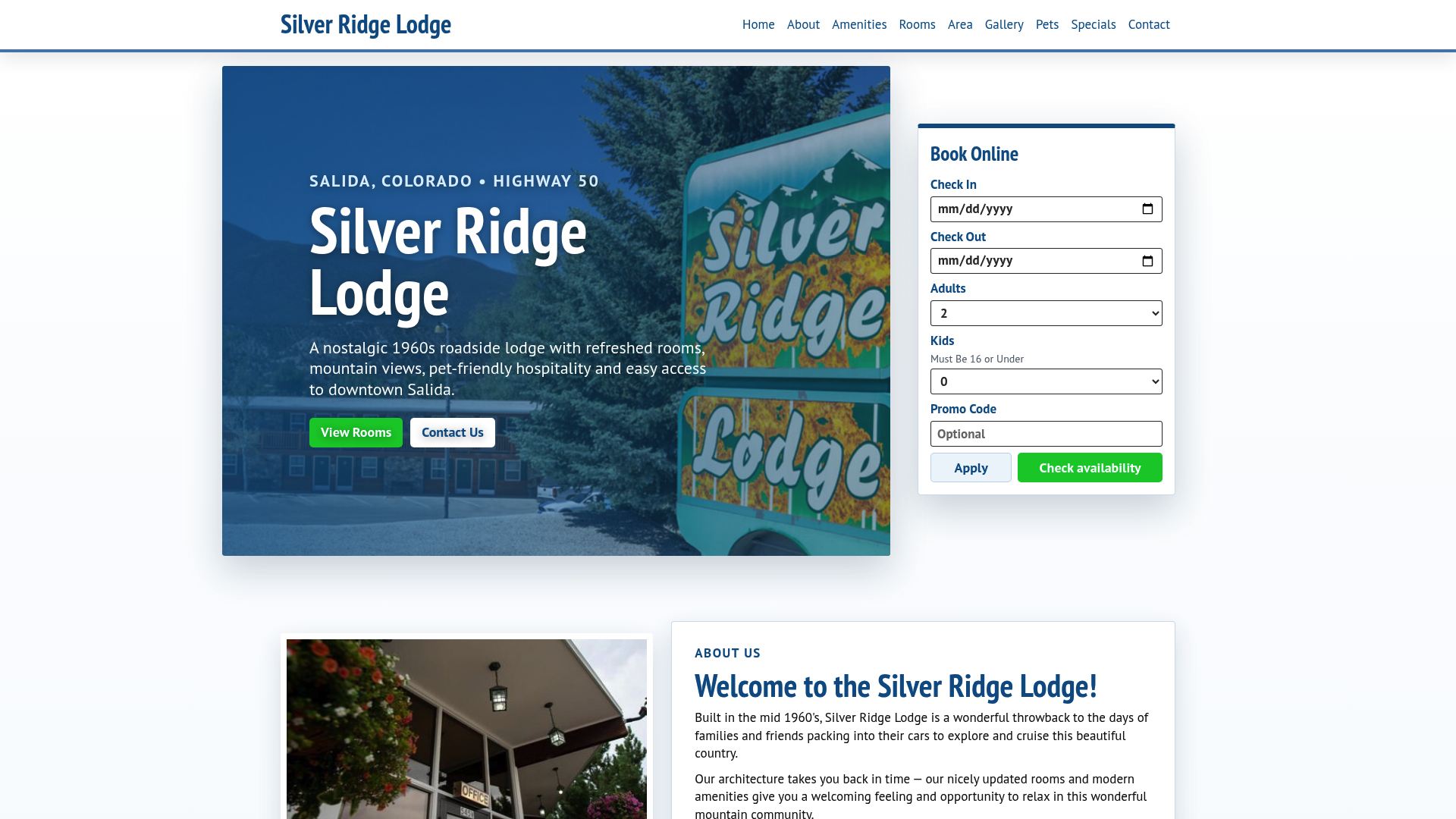 Silver Ridge Lodge website and online booking interface
